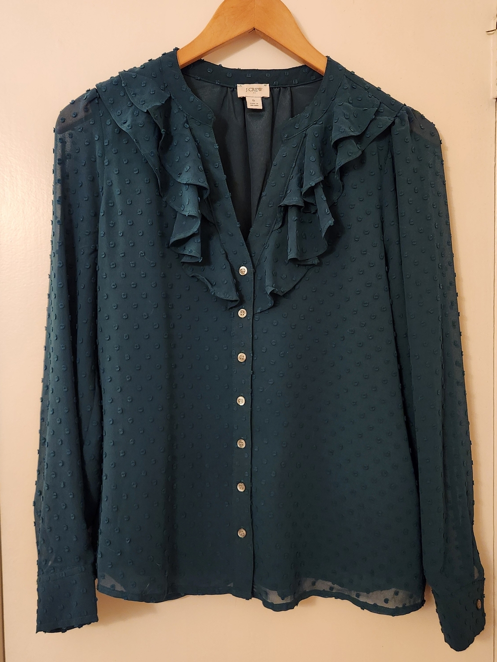 J. Crew Teal Ruffled Swiss Dot Button-Front Blouse